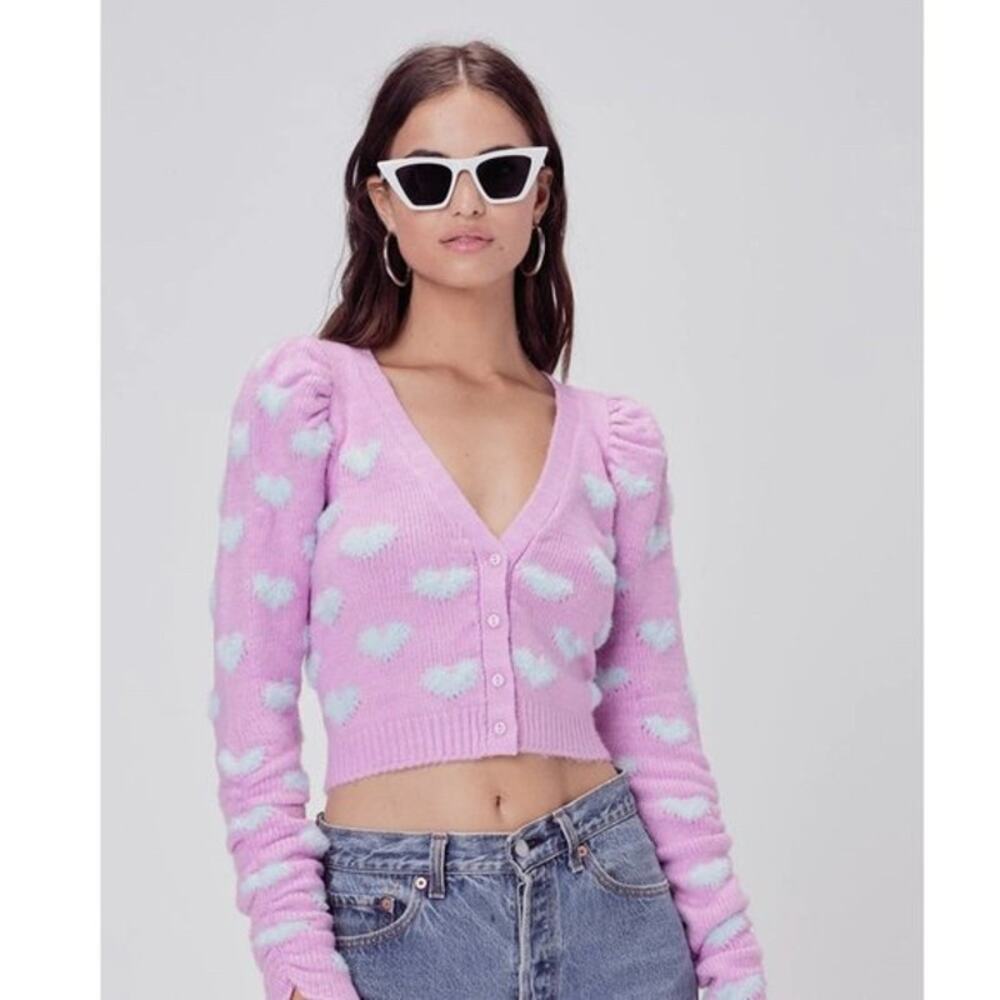 For Love & Lemons Scarlet Cropped Cardigan Pink Blue Hearts Button Front Sz M